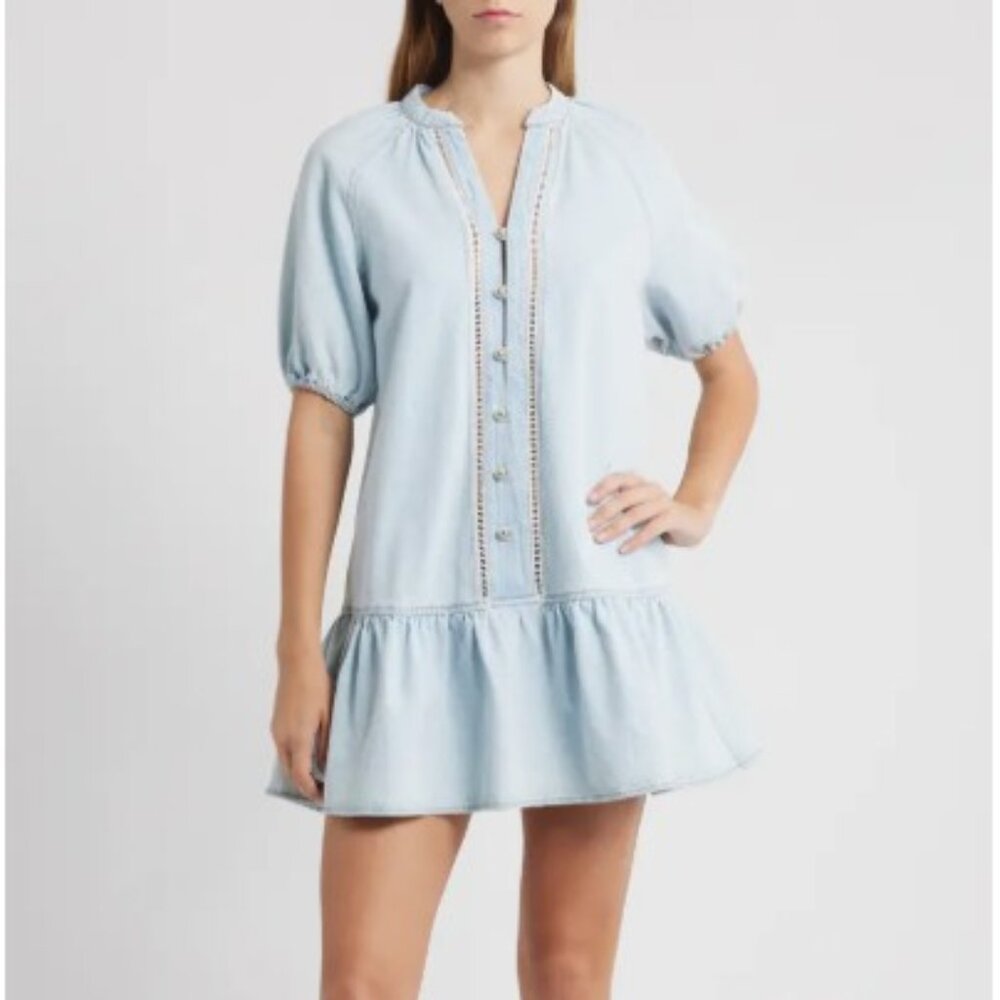 NWT - Wayf Non-Stretch Ruffle-Hemmed Denim Minidress w/ Button Spring Summer